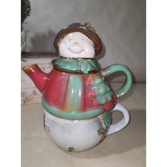 3pc. Snowman Teapot Christmas Ceramic Holiday - Picture 1 of 7